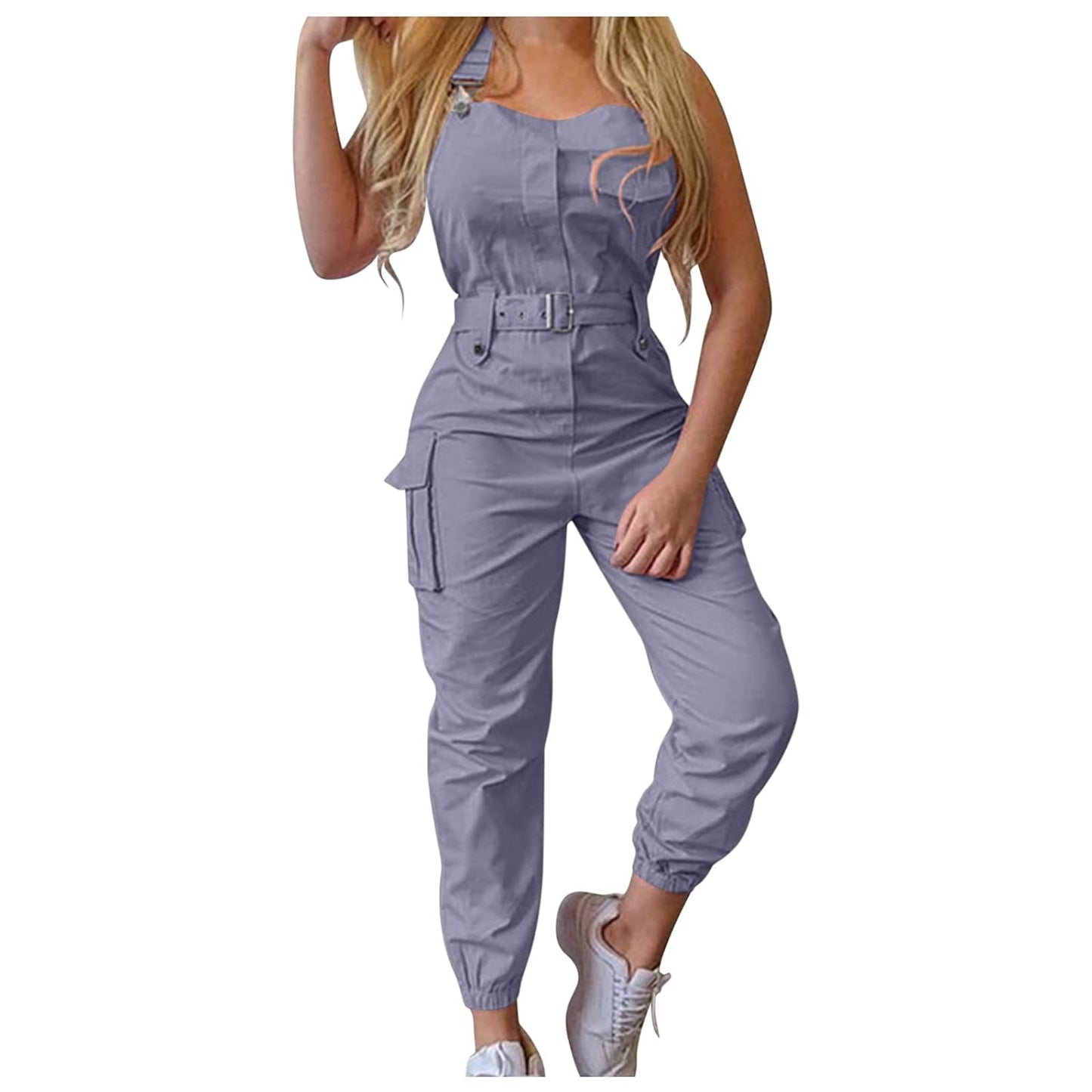 Women'S Summer Adjustable Straps Sleeveless Jumpsuits Solid Color Strapless Belted Pants Pocket Romper