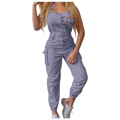 Women'S Summer Adjustable Straps Sleeveless Jumpsuits Solid Color Strapless Belted Pants Pocket Romper