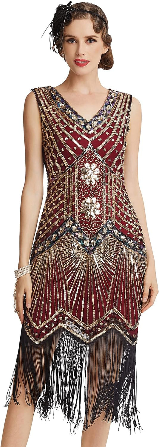 Women'S Flapper Dresses 1920S V Neck Beaded Fringed Great Gatsby Dress