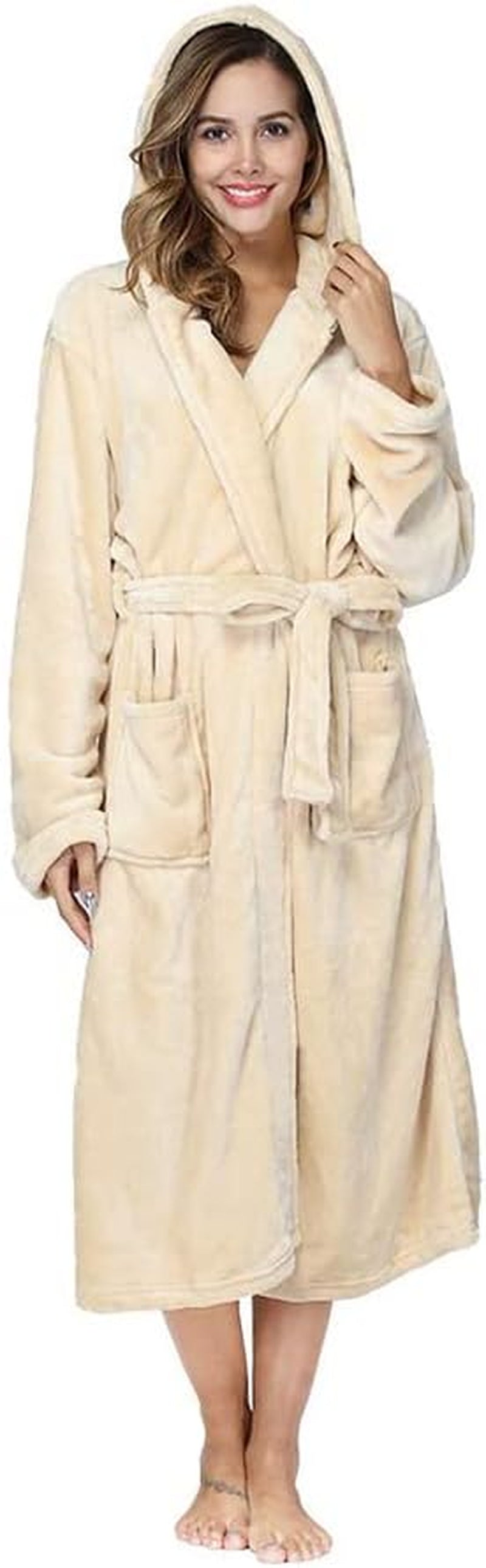 Womens Robes Plush Fleece Yellow Hooded Bathrobe Thick Nightgown with Pockets Fluffy Sleepwear Medium