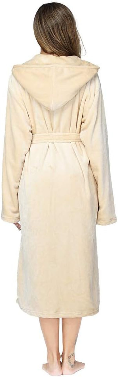 Womens Robes Plush Fleece Yellow Hooded Bathrobe Thick Nightgown with Pockets Fluffy Sleepwear Medium