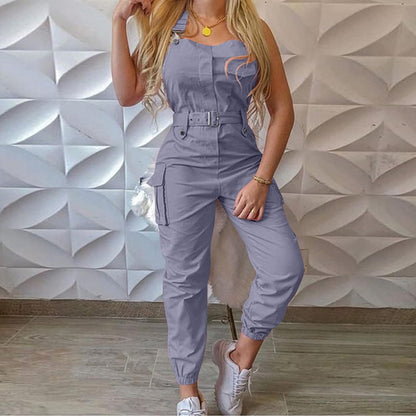 Women'S Summer Adjustable Straps Sleeveless Jumpsuits Solid Color Strapless Belted Pants Pocket Romper