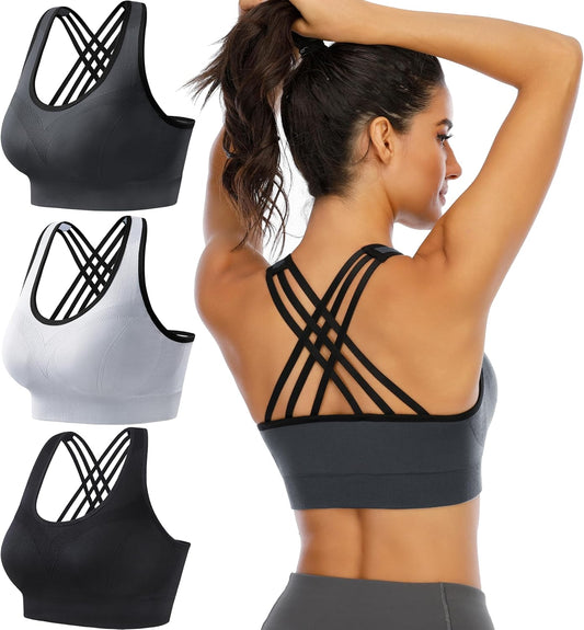 Women'S Sports Bras Padded Sports Bra Supportive Strappy Criss Cross Yoga Bra Workout Athletic Bras 3 Pack